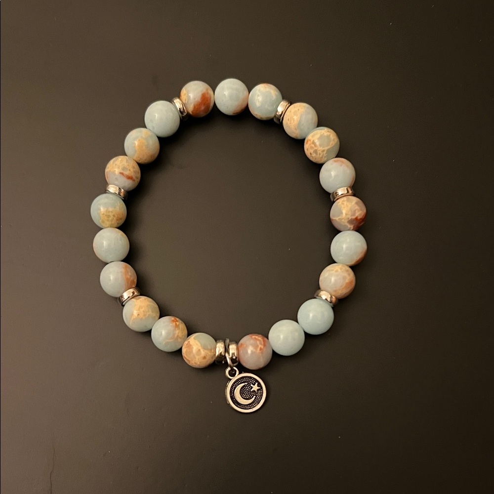 Hand Crafted Blue and Brown Beaded Bracelet with Silver Moon Charm - Picture 3 of 4